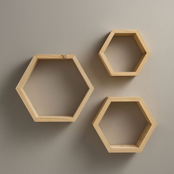 Hexagon Pinewood Wall Shelves (3-Pack) – Natural Color Floating Shelves for Bedroom & Kitchen | Rennover
