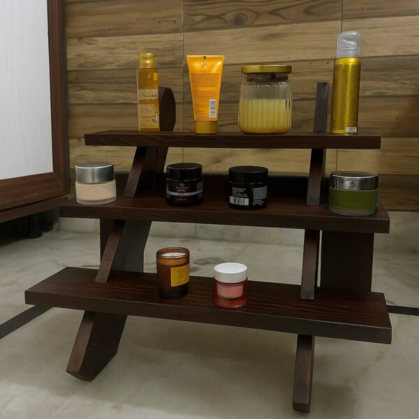 Collapsible Wooden Staircase Display Stand – 3-Tier Brown Customizable Organizer for Craft Fairs & Artisan Markets