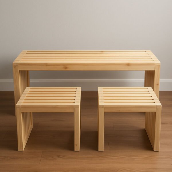 Outdoor/Indoor Wood Bench with 2 Stools – Large 4-Seater Pine Bench Set in Natural Cedar Finish