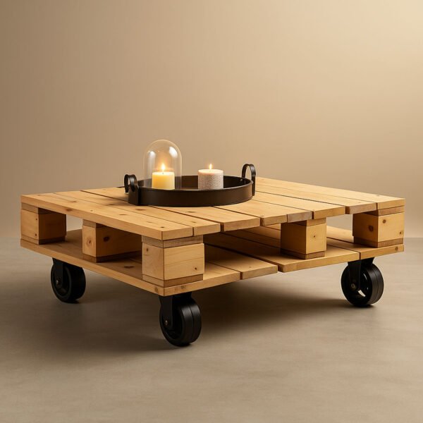 Handcrafted Wooden Coffee Table on Wheels – Pinewood 2-Tier Shelf for Living Room