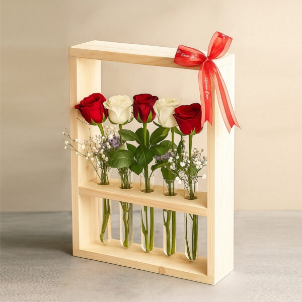 Wall-Mounted 5 Test Tube Planter | Pinewood Hanging Flower Vase for Roses & Plants – Valentine’s Day Gift