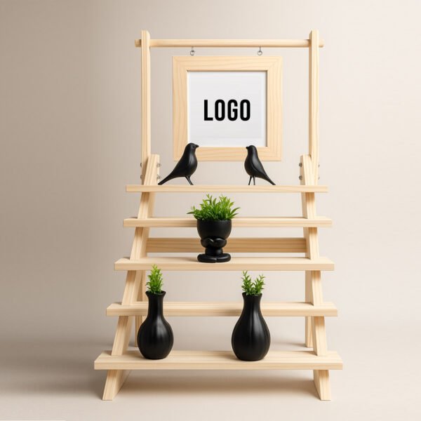 Compact Foldable 5-Tier Wooden Display Stand – Collapsible Staircase Organizer with Branding Frame & 3 Bars | Perfect for Small Businesses, Events & Exhibitions