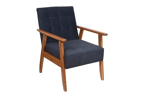 KRAYOG Handmade Mid-Century Wooden Armchair – Midnight Blue, Solid Wood Frame