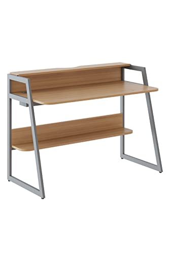 KRAYOG STAVA Desk – Modern Study & Office Table with Metal Base, Maple Finish & Dual Storage Shelves