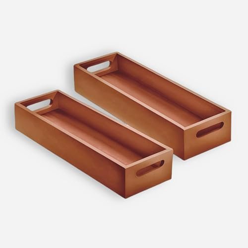 KRAYOG Wooden Serving Tray Set – Multipurpose Breakfast & Tea Trays, Natural Brown, Set of 2