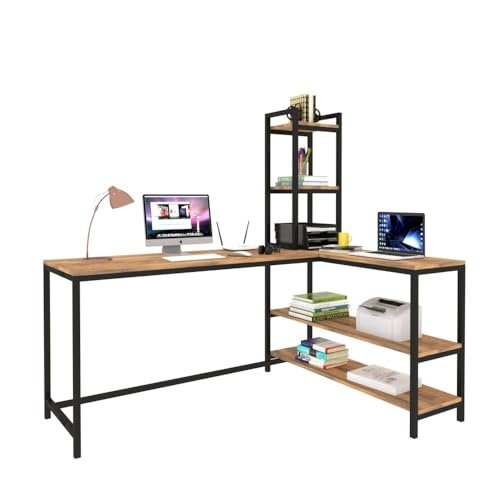 KRAYOG L-Shaped Computer Study Table – Wooden & Metal Corner Desk for Home Office and Gaming, Forest Dark & Black Finish