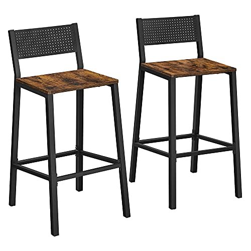 KRAYOG Set of 2 Industrial Bar Stools with Backrest – Rustic Brown & Black