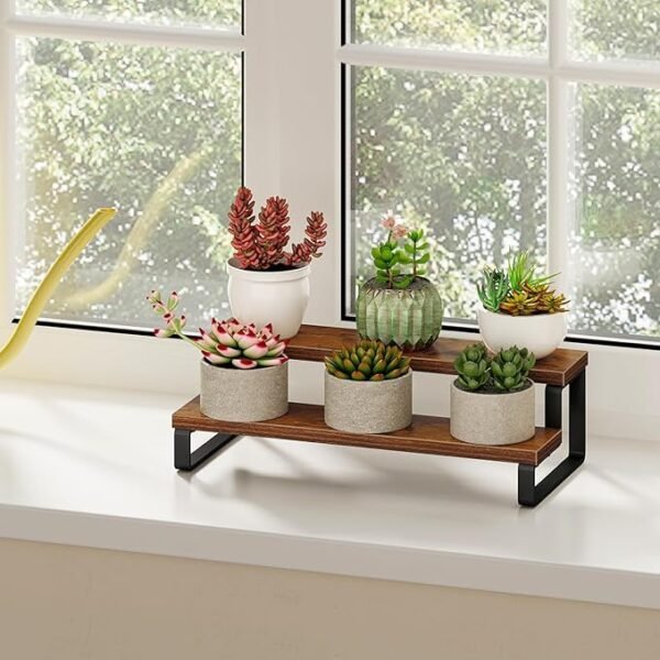 KRAYOG Rustic Wood Spice Rack – 2-Tier Kitchen Counter Organizer, Dark Brown