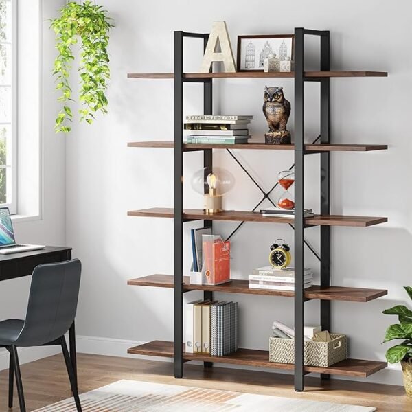 Krayog 5-Tier Bookshelf, Vintage Industrial Style Bookcase 72 H x 12 W x 47L Inches