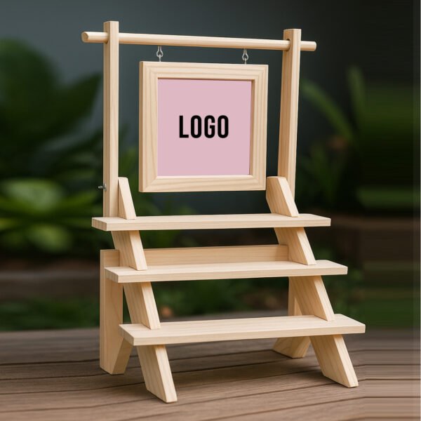 Custom Pinewood Staircase Display Stand – 3-Tier Organizer with Branding Frame & 3 Bars