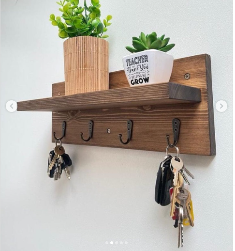 Rustic Wooden Wall Shelf with Key Hooks Organizer