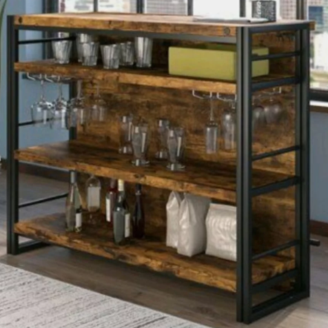 Industrial Wood Bar Cart with Wine Glass Rack