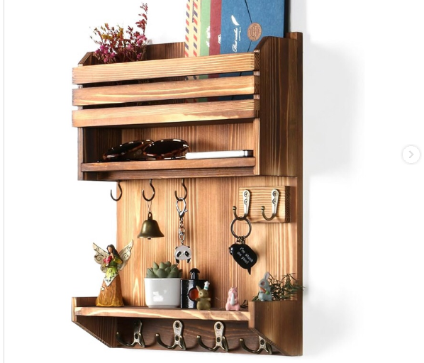 Multi-Tier Wooden Wall Organizer with Mail Slot and Key Hooks