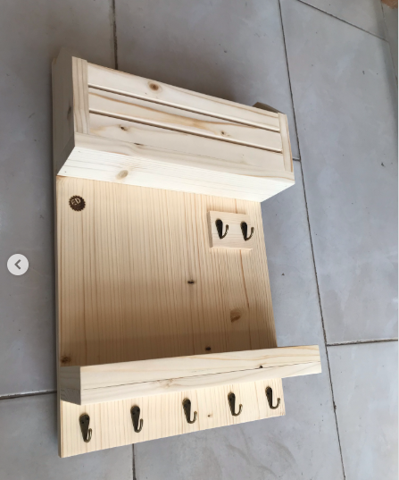 Natural  Wood Entryway Organizer with Mail Slot and Hooks