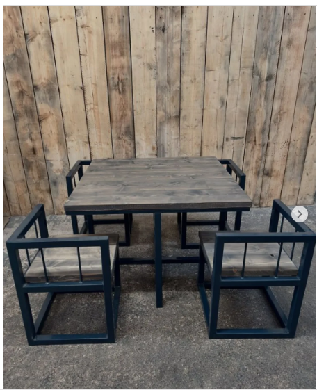Industrial Outdoor Dining Set with Wood Top and Metal Frame