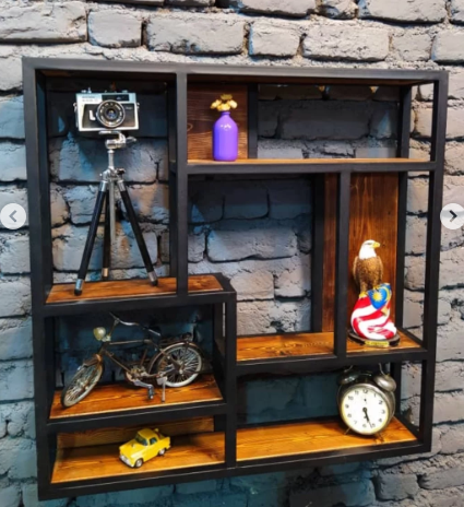 Industrial Metal Display Shelf with Wood Shelves - Multi-Compartment