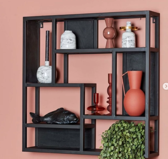 Industrial Metal Display Shelf with Wood Shelves - Multi-Compartment