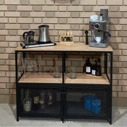 Industrial Coffee Bar Station with Mesh Storage Cabinet
