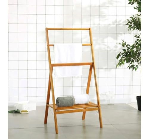 KRAYOG Wooden Towel Ladder Rack – 3-Tier Freestanding Blanket & Clothes Organizer for Bathroom & Bedroom (Brown Finish)