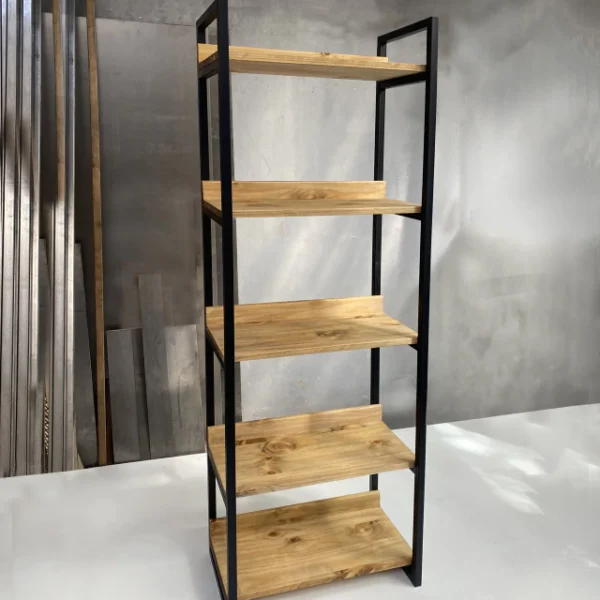 KRAYOG Industrial Metal & Wood Shelf – 5-Tier Iron Frame Storage Rack, Pine Wood Shelves