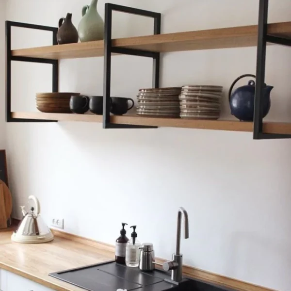 KRAYOG 2-Tier Kitchen Shelf – Solid Pine & Iron Rack, Rustic Open Storage Organizer