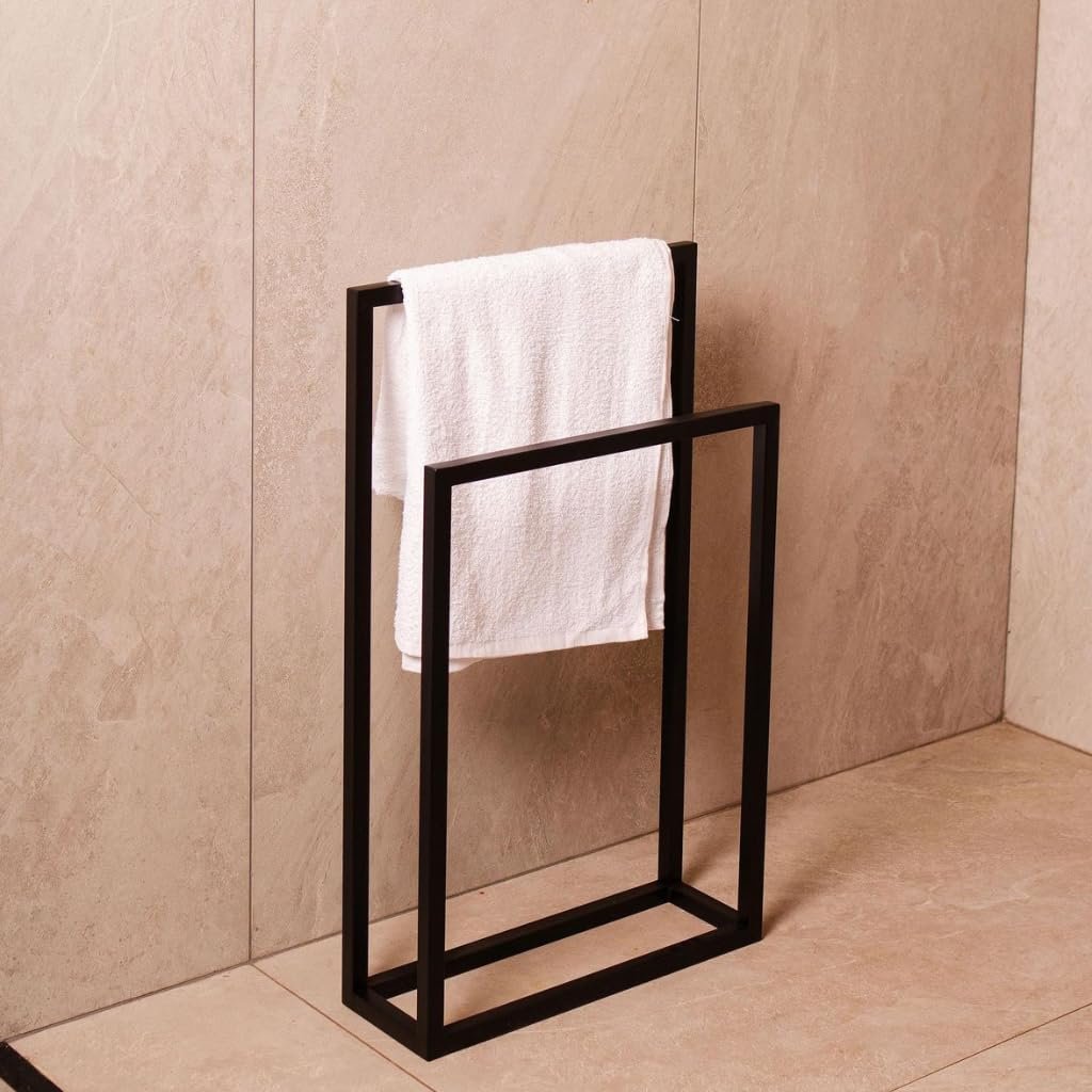 61HbQZrenZL._SL1024_ Krayog Modern Black Metal Freestanding Towel Rack Stand – 2-Bar Bathroom Towel Holder, Space-Saving Floor Stand - Image 1