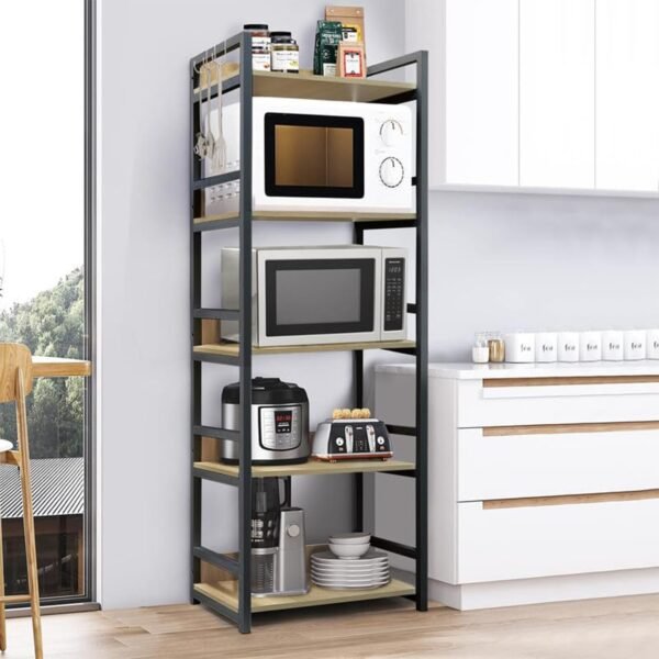 Krayog 5 Layer Multipurpose Storage Rack - Heavy Duty Metal & Wood Kitchen Organizer | Space Saving Microwave Oven Stand for Modular Kitchen, Living Room, Bedroom & Office (MKR-005/Black & Oak Light)