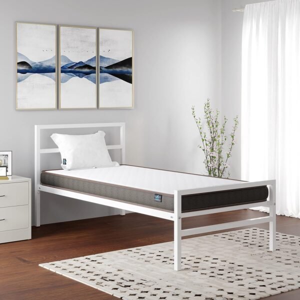 Krayog Single Size Striker Classic Metal Bed with Lite Dual Comfort Mattress, Superior PU Foam (White, 75 x 36)
