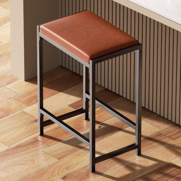 Bar Stools Kitchen Chairs Metal Frame Bar Chair Kitchen Chair Faux Leather Mid Century Modern Style 63cm Tall Kitchen Dining (Black-Brown)