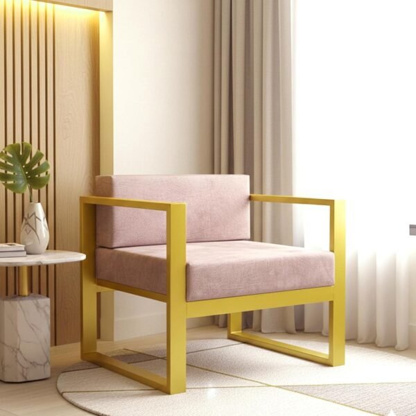Krayog Metal Single Seater Sofa with Cushion for Living Room | Heavy Duty Iron Frame with Powder Coating | Comfortable Seating for Home & Office (Golden)