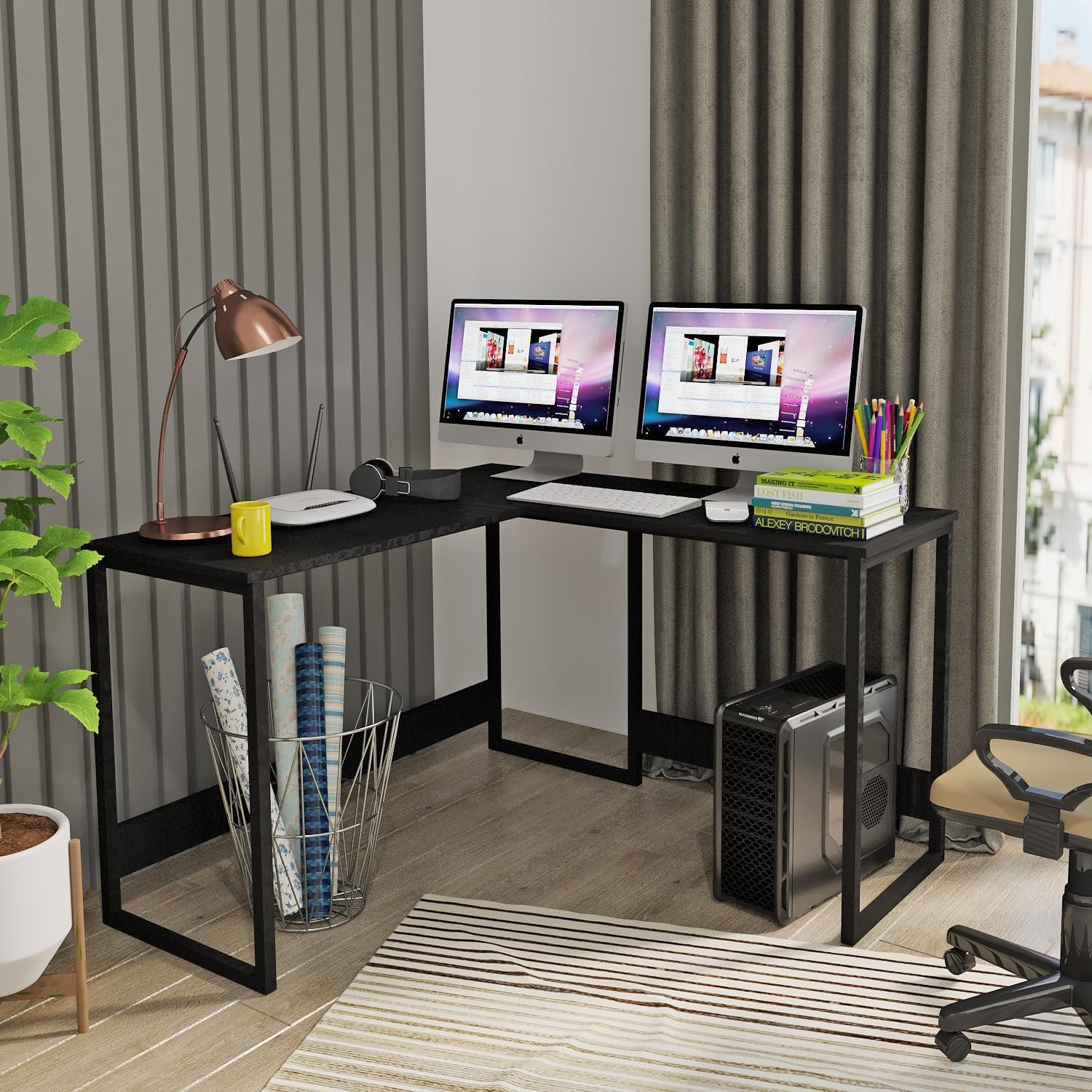 81PekjpgayL._SL1500_ Krayog L Shaped Study Table for Students and Adults/Computer Table for Home-Office/Gaming Table/Computer Desk for Corner - Wood & Metal (Verto-Forest Dark, DIY Installation), Black - Image 1