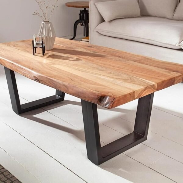 Live Edge Solid Wood Coffee Table | Rectangle Shape with Iron Legs | Acacia Wood,| Ideal Centre Table for Living Rooms Ideal for Home Decor