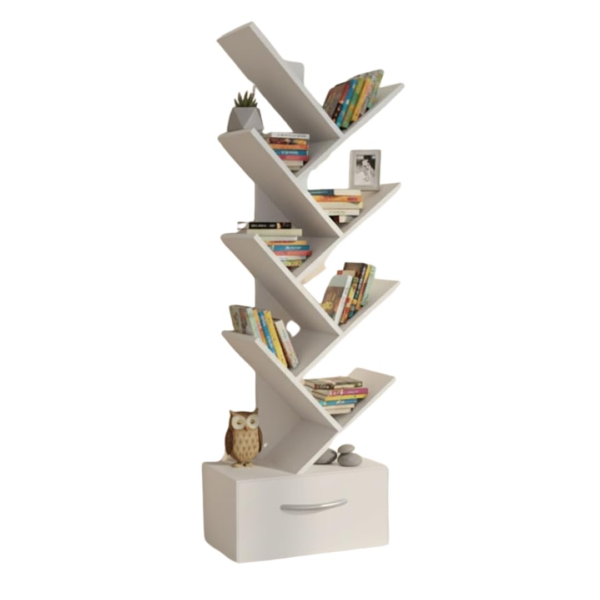 KRAYOG Tree-Style 8-Tier Wooden Bookshelf with Drawer – Freestanding Organizer for Living Room, Bedroom, Office & Study – Space-Saving Storage, 1 Unit