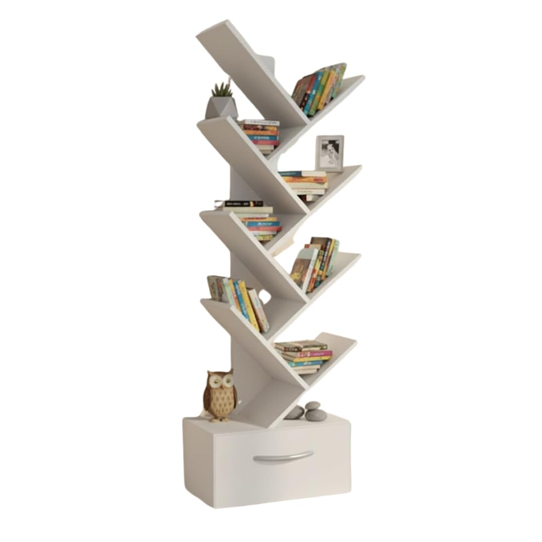 411K4IsAvzL._SL1080_ KRAYOG Tree-Style 8-Tier Wooden Bookshelf with Drawer – Freestanding Organizer for Living Room, Bedroom, Office & Study – Space-Saving Storage, 1 Unit - Image 1