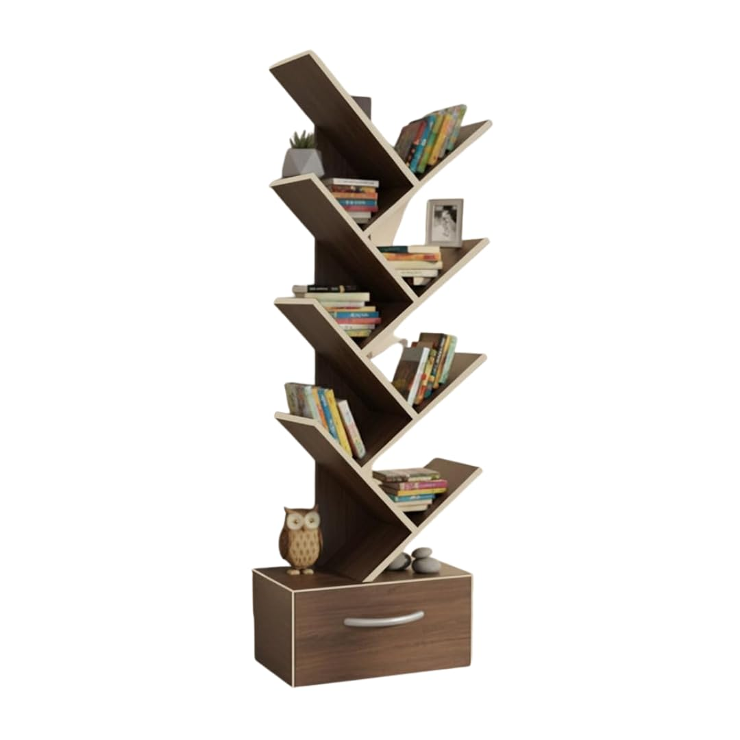41jm0SAiJPL._SL1080_ KRAYOG 8-Tier Tree-Shaped Wooden Bookshelf with Drawer – Freestanding Multi-Tier Rack for Living Room, Bedroom, Office & Study | 27.9D x 43.2W x 157.5H cm - Image 1