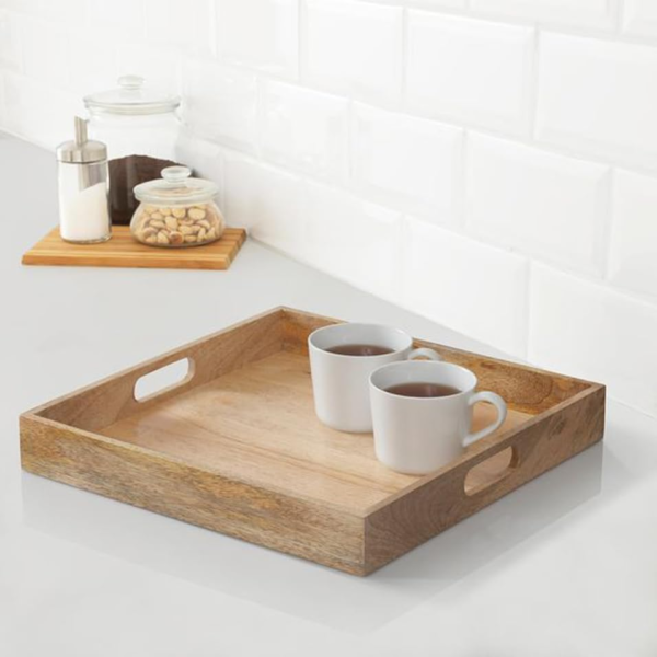 KRAYOG Mango Wood Hamdan Large Serving Tray with Cutout Handles – Rectangular Butler Tray for Breakfast in Bed, Coffee Table Décor & Parties (Natural Square-Rectangular Design)