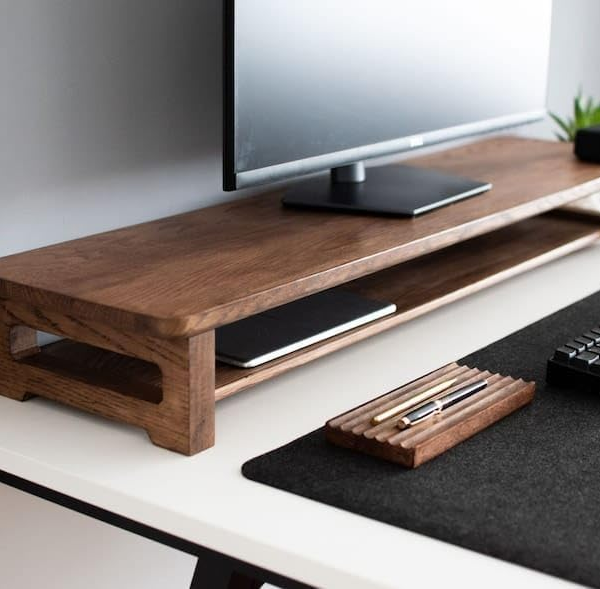 KRAYOG 66 cm Wooden Monitor Stand Riser with Storage Organizer for Desk, Office & Home | 66 x 20 x 11 cm | Natural Finish Legs