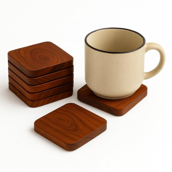 KRAYOG Handcrafted Acacia Wood Drink Coasters – Set of 6 Natural Square Wooden Coaster Plates for Coffee, Tea & Tabletop Protection