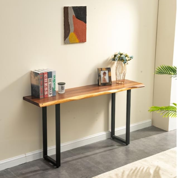 KRAYOG **Sheesham Wood Console Table for Living Room | Wooden Side & Entryway Table for Home & Office | Hallway & Foyer Accent Table | Natural Teak Finish with Black Coated Iron Metal Frame**