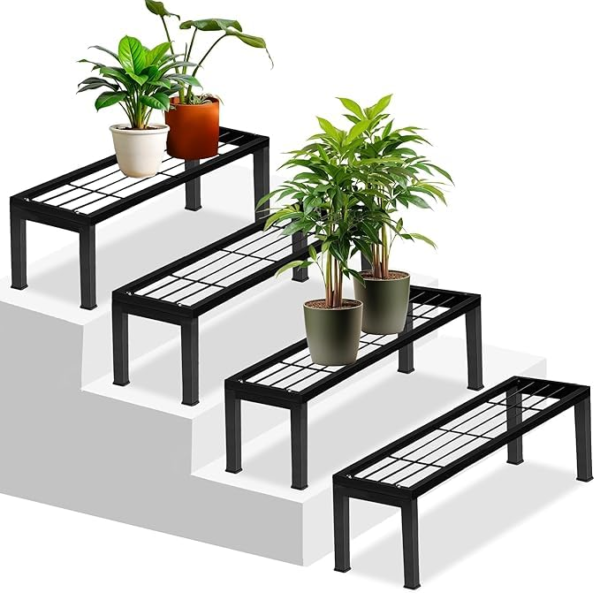 KRAYOG Heavy-Duty Plant Stand for Balcony | 100 kg Capacity | 8-Inch Elevated Planter Stand | 24-Inch Flower Pot Holder | Outdoor Use | Set of 4 (Black)