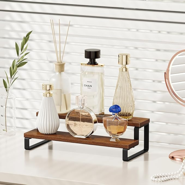 KRAYOG 2-Tier Wooden Display Riser Stand – Brown Kitchen Counter Shelf & Spice Rack Organizer for Perfume, Makeup, and Condiments