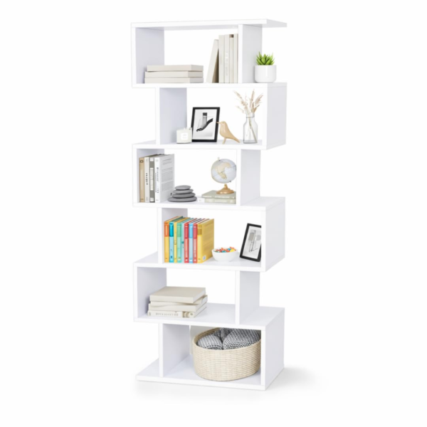 KRAYOG S-Shaped 6-Tier Wooden Bookshelf – Modern Engineered Plywood Display Cabinet with White Finish | Space-Saving Corner Shelf for Living Room, Bedroom, or Office (24.1D × 55.9W × 162.6H cm)