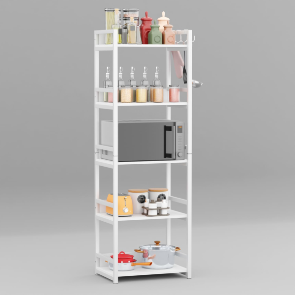 KRAYOG 5-Tier Multipurpose Storage Rack – Heavy Duty Metal & Wood Kitchen Organizer | Space-Saving Microwave Oven Stand for Modular Kitchen, Living Room, Bedroom & Office (MKR-005 / White & White)