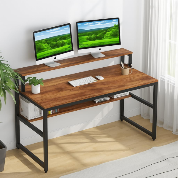 KRAYOG Brown Wood & Metal Computer Desk – 150×60×94 cm, DIY, with Lower Shelf and Monitor Riser, Ideal for Home or Office