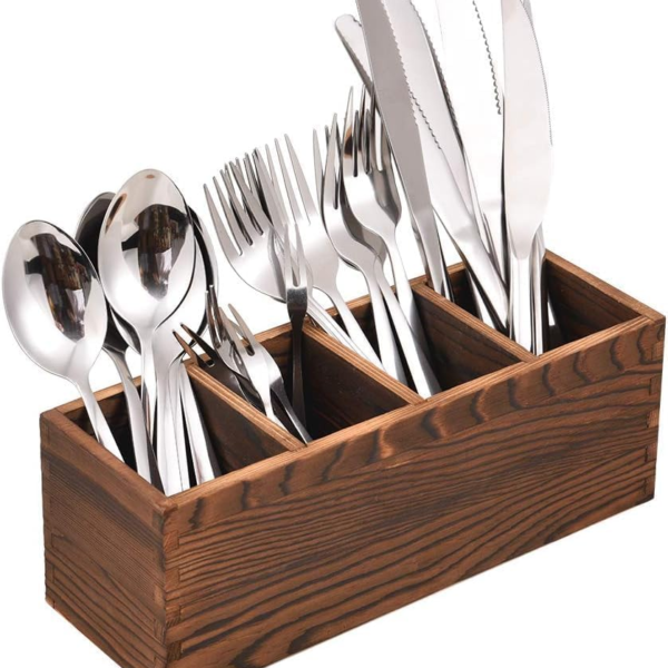 KRAYOG Rustic Wooden Utensil Organizer – Kitchen Cutlery Holder & Countertop Silverware Caddy (Spoon Stand)
