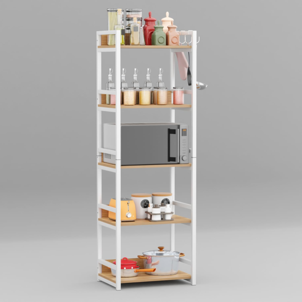 KRAYOG 5-Tier Multipurpose Storage Rack – Heavy Duty Metal & Wood Kitchen Organizer | Space-Saving Microwave Oven Stand for Modular Kitchen, Living Room, Bedroom & Office (MKR-005 / White & Oak Light)