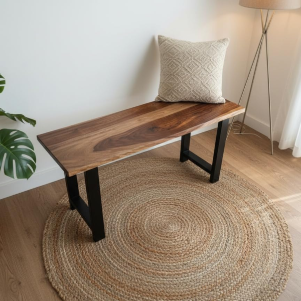 KRAYOG 2 Seater Wooden Bench for Living & Dining Room – Sheesham Wood Seating Bench with Black Coated H-Shape Metal Legs | Brown Finish | Ideal for Home, Patio & Balcony