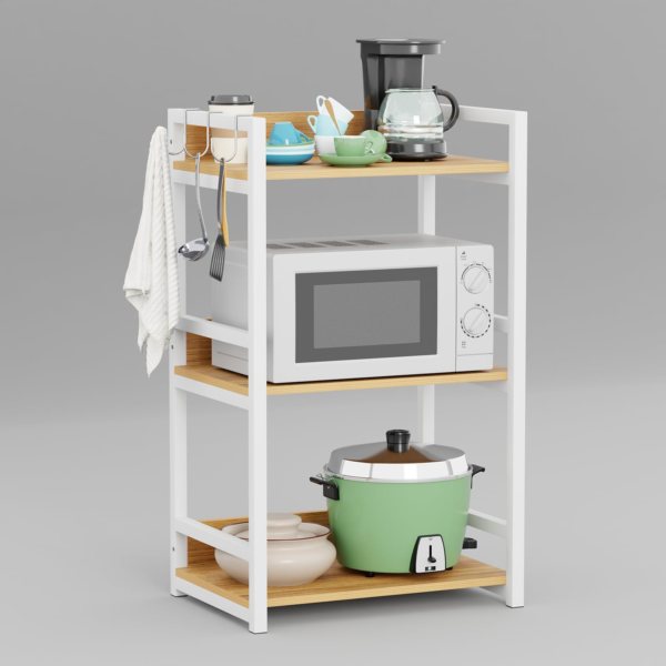 KRAYOG 3 Tier Multipurpose Storage Rack – Heavy-Duty Metal & Wood Kitchen Organizer | Space-Saving Microwave Oven Stand for Modular Kitchen, Living Room, Bedroom & Office (MKR-003, White & Light Oak)