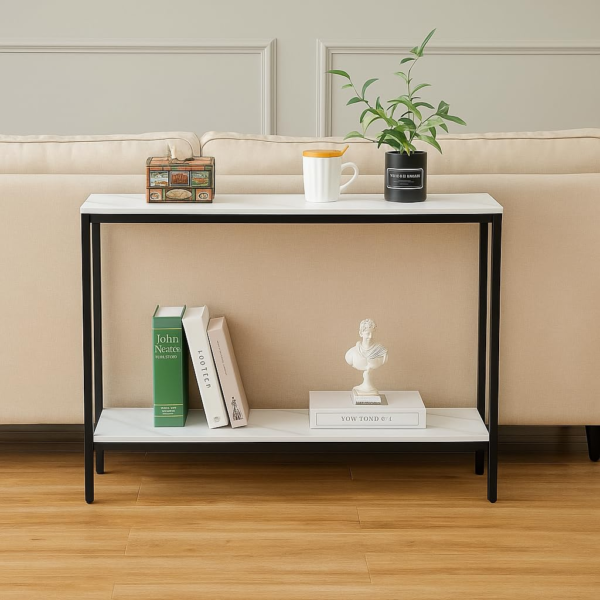 KRAYOG **Iron Frame Entryway Console Table with Storage – Premium 2-Tier Sofa Table, Slim End & Accent Display for Entryway, Living Room & Hallway (Black & White Finish)**
