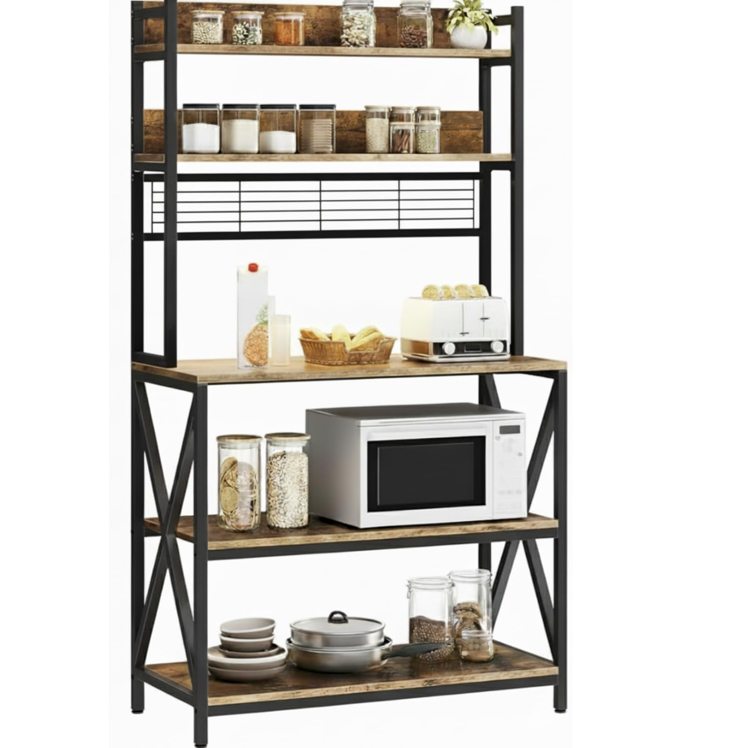 61dA5QK23KL._SL1500_ KRAYOG Lita Heavy Duty Microwave Oven Stand | 5-Tier Kitchen Storage Rack | Multi-Layer Oven Stand | 100 x 40 x 170 cm | Black & Rustic Brown Finish | DIY Assembly - Image 1